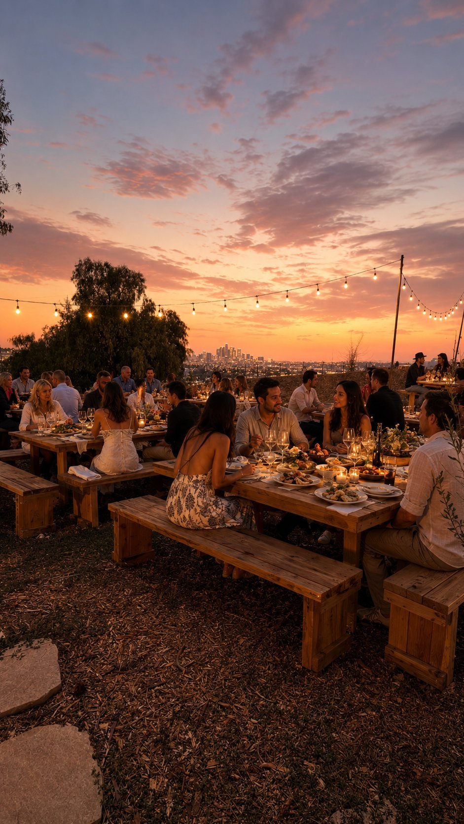 Rosalynn at Hidden Farm LA long-table farm dinner at sunset overlooking Los Angeles